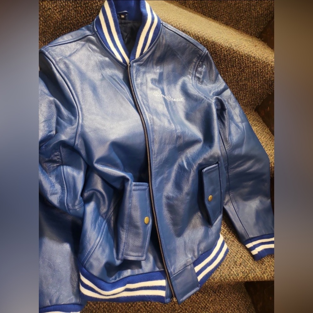 Genuine Leather Blue and White Varsity Jacket